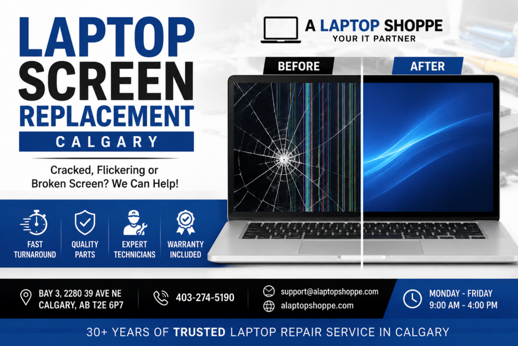 Laptop screen replacement Calgary showing cracked laptop screen before repair and fully restored display after professional screen replacement by A Laptop Shoppe.