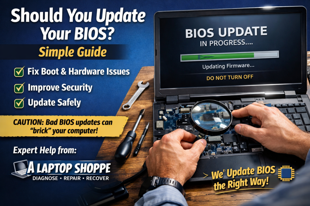 Technician performing a BIOS firmware update on a laptop with progress screen showing “BIOS update in progress – do not turn off”.