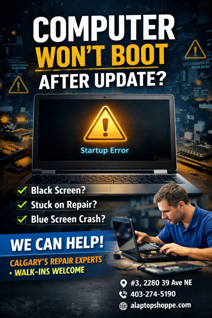 Laptop showing startup error after Windows update with technician repairing computer at Calgary repair shop.