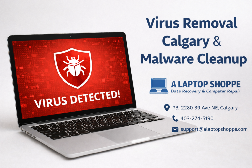 Virus removal Calgary service at A Laptop Shoppe with contact information for malware cleanup and suspicious software removal.