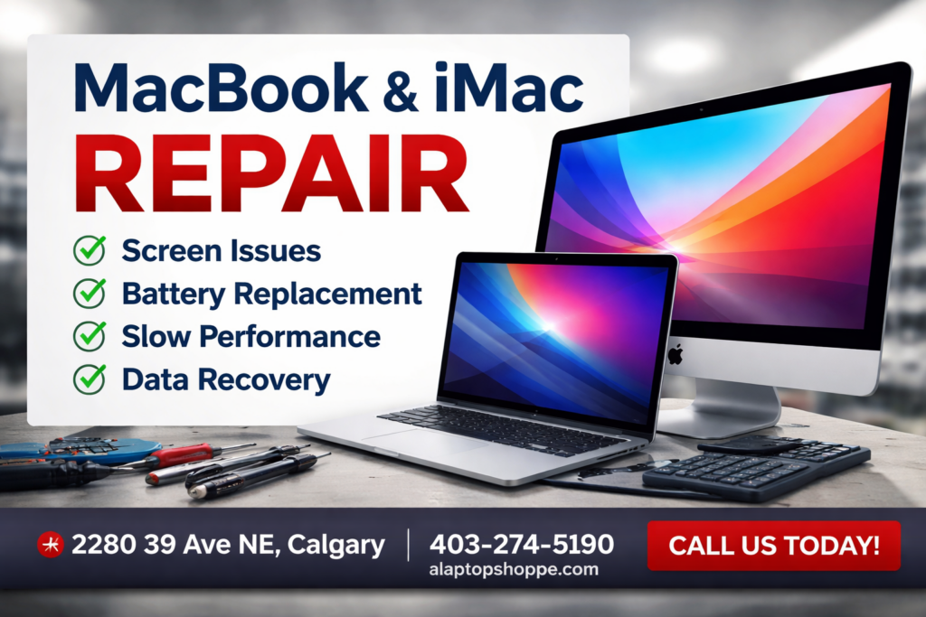 MacBook and iMac repair service in Calgary at A Laptop Shoppe for screen, battery, and performance issues.