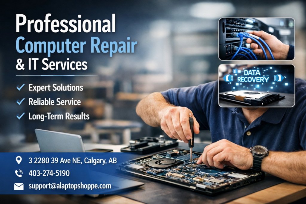 Technician performing professional laptop repair and IT services in Calgary with data recovery and network support solutions