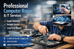 Technician performing professional laptop repair and IT services in Calgary with data recovery and network support solutions