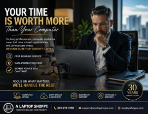 Professional businessman working on laptop in modern office highlighting trusted IT support and computer repair services for busy professionals in Calgary