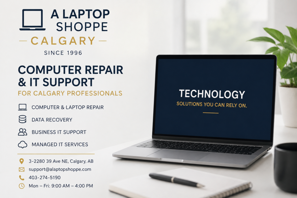 Professional computer repair and IT support services in Calgary by A Laptop Shoppe featuring laptop repair, data recovery, and managed IT services.
