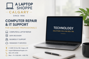 Professional computer repair and IT support services in Calgary by A Laptop Shoppe featuring laptop repair, data recovery, and managed IT services.
