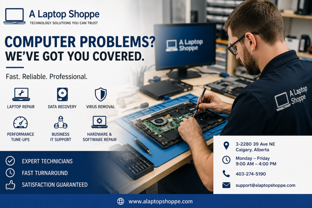 Technician repairing a laptop at A Laptop Shoppe computer repair store in Calgary Alberta