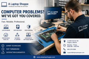 Technician repairing a laptop at A Laptop Shoppe computer repair store in Calgary Alberta