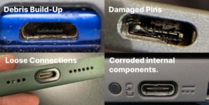 Collage showing common USB-C charging port problems, including debris buildup, damaged pins, loose connections, and corroded internal components.