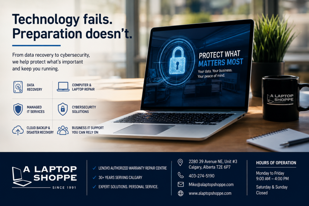 Laptop displaying cybersecurity protection with A Laptop Shoppe Calgary offering data recovery, computer repair, managed IT services, cloud backup, and cybersecurity solutions.