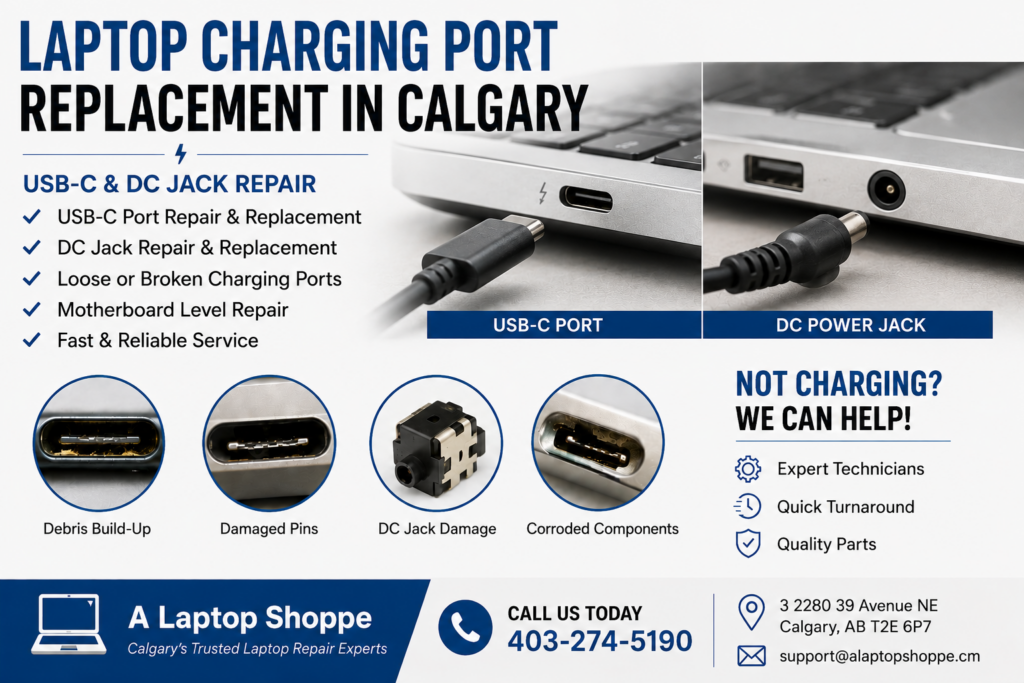 Marketing flyer for laptop charging port replacement services in Calgary featuring USB-C and DC jack repair, common charging port problems, and contact information for A Laptop Shoppe.