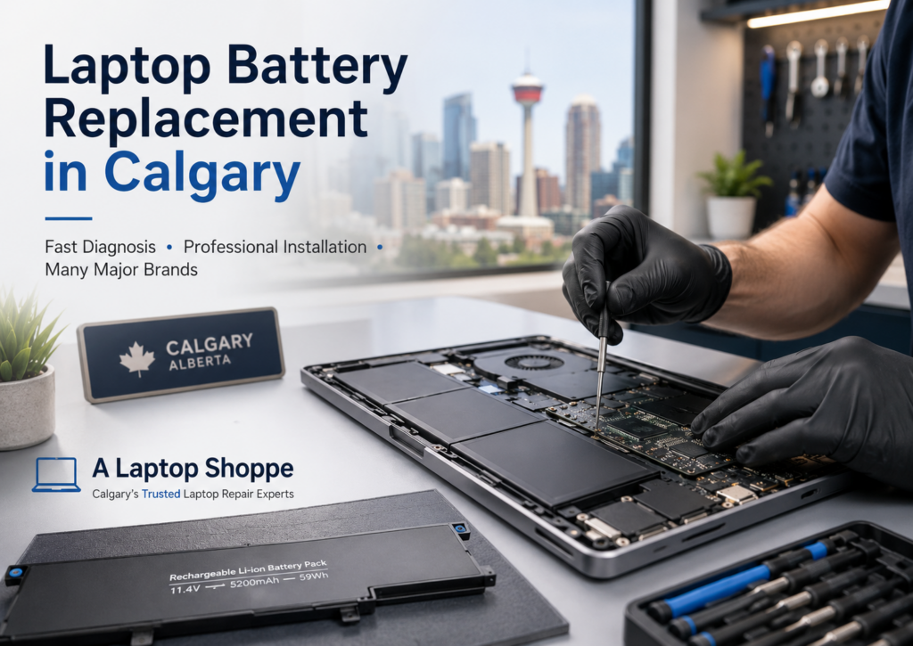 Technician replacing an internal laptop battery at A Laptop Shoppe in Calgary.