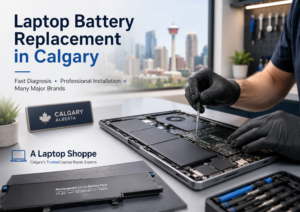 Technician replacing an internal laptop battery at A Laptop Shoppe in Calgary.
