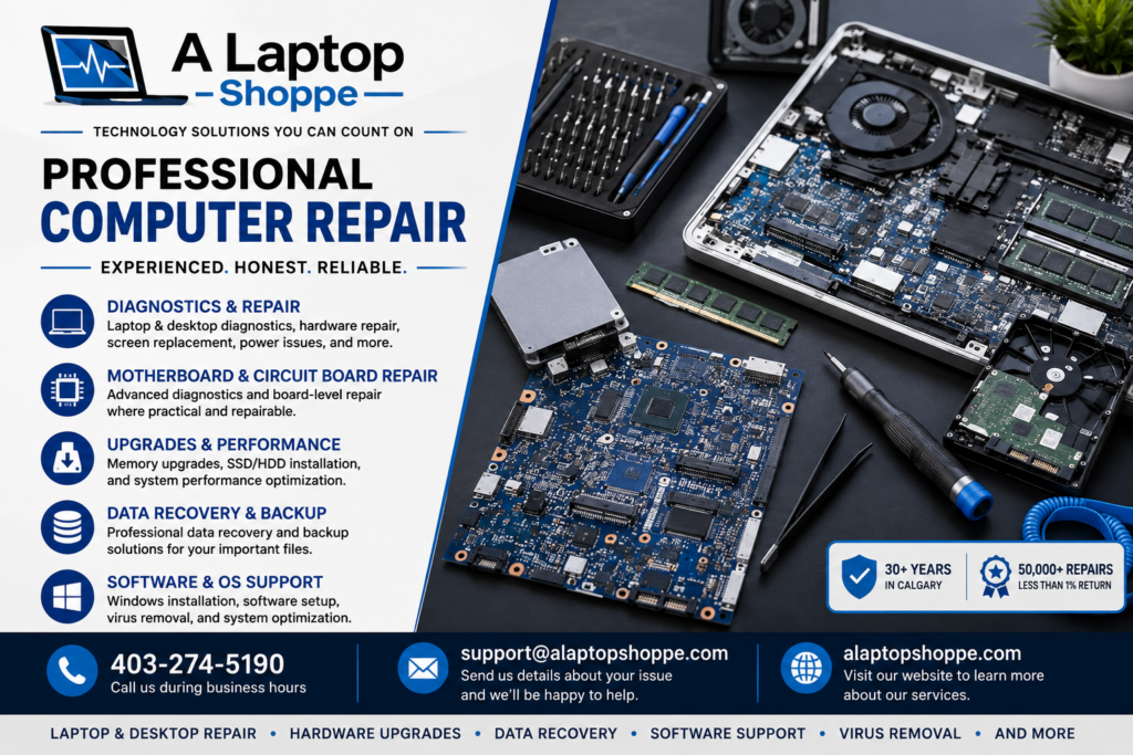 A Laptop Shoppe computer repair services in Calgary, including laptop and desktop diagnostics, motherboard and circuit board repair, hardware upgrades, data recovery, and software support.