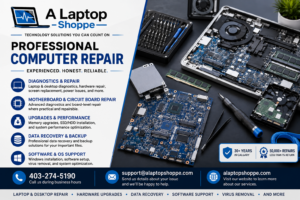 A Laptop Shoppe computer repair services in Calgary, including laptop and desktop diagnostics, motherboard and circuit board repair, hardware upgrades, data recovery, and software support.